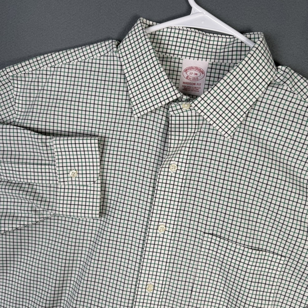 Brooks Brothers Madison Fit Shirt Mens 17 36 Green Navy Check Supima Stretch